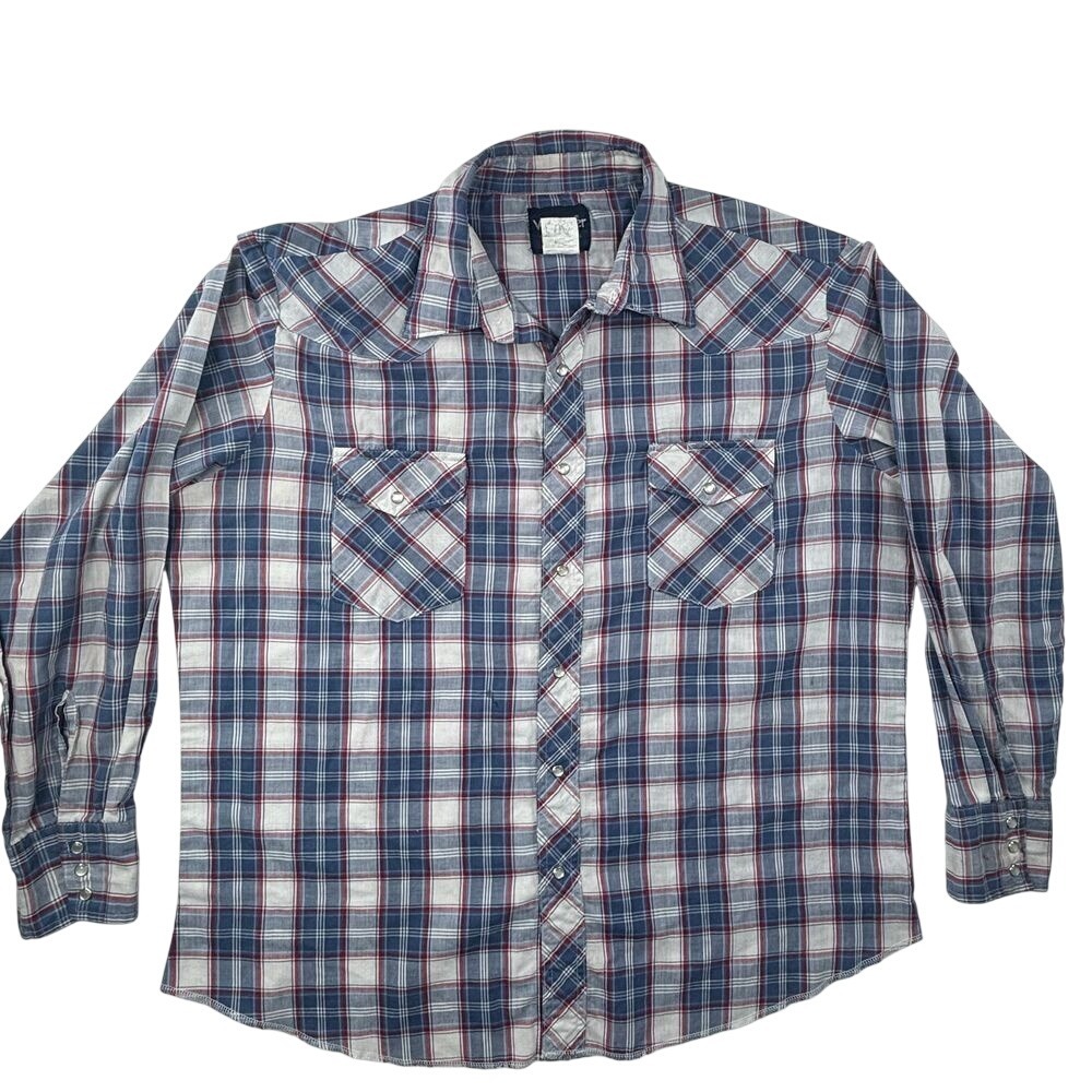 Vtg Wrangler Pearl Snap Plaid Shirt Mens XL Blue Cotton Blend Western Ranch Work